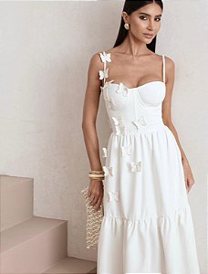 VESTIDO MIDI ALFAIATARIA DETALHE BORBOLETAS - BRANCO