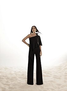 MACACÃO ANDRESSA SCUBA CREPE COM BLUSA FLUIDA - PRETO