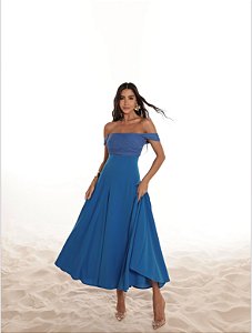 VESTIDO MIDI SAFIRA OMBRO A OMBRO - AZUL CIANO