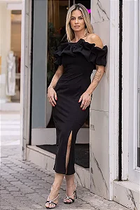 VESTIDO OMBRO A OMBRO MIDI BABADOS PATY - PRETO