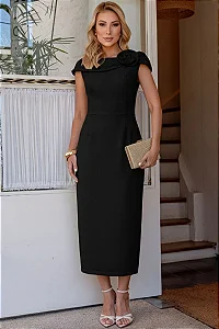 VESTIDO LEILA TUBINHO COM DETALHE FLOR - PRETO
