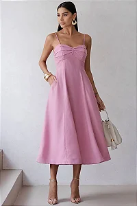 VESTIDO ELIZANDRA ALÇAS FINAS PREGAS BUSTO - ROSA