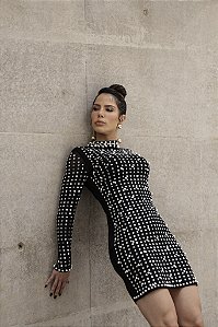 VESTIDO ML STRASS PÉROLAS CELEBRATION - PRETO