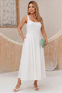 VESTIDO ORNELA COM PREGAS E DETALHE LAÇO NA ALÇA - BRANCO