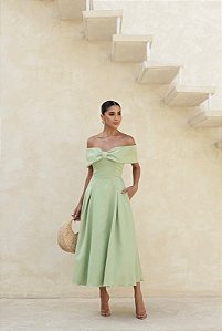 VESTIDO MIDI KAROL OMBRO A OMBRO LAÇO - VERDE CLARO
