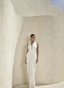 VESTIDO LONGO DRAPEADO COSTAS ARCO JENNYFER - BRANCO