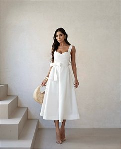 VESTIDO CAMILLE MIDI COM FAIXA - CLOUD DANCER