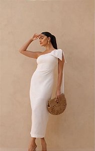 VESTIDO FLÁVIA LONGUETE TUBINHO LAÇO - OFF WHITE