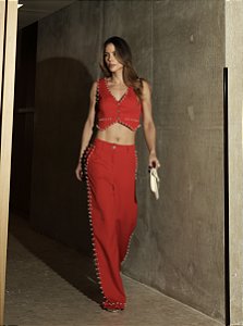 CONJUNTO COLETE E PANTALONA ALFAITARIA PÉROLAS CELEBRATION - VERMELHO