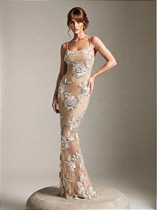 VESTIDO LONGO BORDADO PÉROLAS CELEBRATION - BEGE