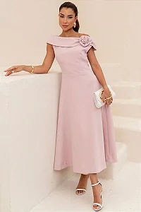 VESTIDO HILDA MIDI DETALHE FLOR - ROSA