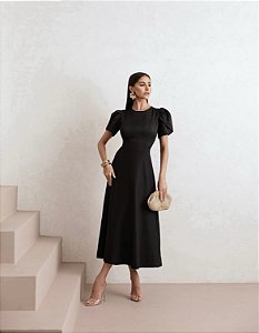 VESTIDO OLIVIA MIDI COM MANGA ALAFAIATARIA - PRETO