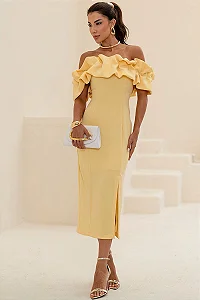 VESTIDO OMBRO A OMBRO MIDI BABADOS PATY - AMARELO