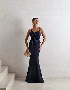 VESTIDO DE FESTA LONGO INGLATERRA FLOWERS - AZUL MARINHO