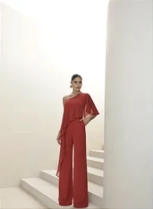 MACACÃO ANDRESSA SCUBA CREPE COM BLUSA FLUIDA - VERMELHO