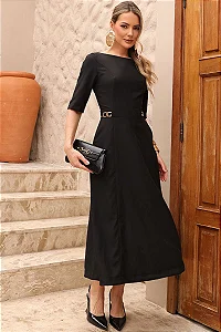 VESTIDO HEBE MIDI MANGA CURTA COM DETALHE METAL - PRETO