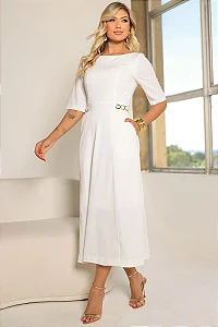 VESTIDO HEBE MIDI MANGA CURTA COM DETALHE METAL - OFF WHITE