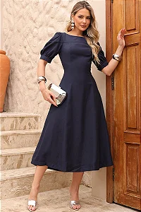 VESTIDO MIDI OHANA MANGA CURTA COM BOLSOS - AZUL MARINHO