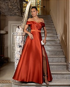 VESTIDO DE FESTA ITÁLIA OMBRO A OMBRO ZIBELINE - TERRACOTA