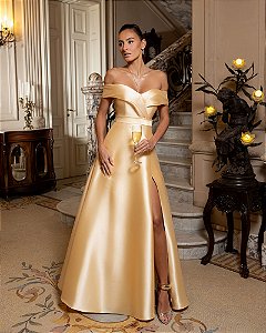 VESTIDO DE FESTA ITÁLIA OMBRO A OMBRO ZIBELINE - AMARELO