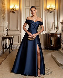 VESTIDO DE FESTA ITÁLIA OMBRO A OMBRO ZIBELINE - AZUL MARINHO