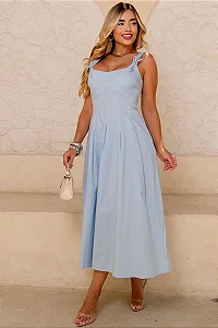VESTIDO ORNELA COM PREGAS E DETALHE LAÇO NA ALÇA - AZUL