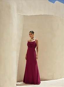 VESTIDO YOLANDA LONGO DRAPEADO BUSTO E COSTAS - MARSALA