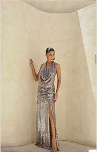 VESTIDO LONGO PAETÊ FRENTE ÚNICA JERICOACOARA - GRAFITE