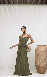 VESTIDO LONGO COM CHOKER SAIA PLISSADA SUZANA - VERDE MILITAR