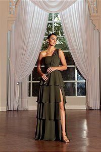 VESTIDO DE FESTA HOLANDA UM OMBRO SAIA CAMADAS - VERDE OLIVA