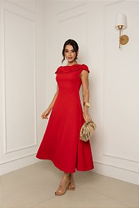 VESTIDO HILDA MIDI DETALHE FLOR - VERMELHO
