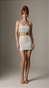 SAIA CURTA BRILHO E PÉROLAS NOBLESSE - OFF WHITE