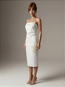 VESTIDO TUBINHO MIDI ALFAIATARIA BORDADO PÉROLAS NOBLESSE - OFF WHITE