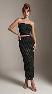 CONJUNTO CROPPED E SAIA MIDI NOBLESSE - PRETO