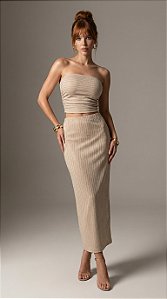 CONJUNTO CROPPED E SAIA MIDI NOBLESSE - BEGE