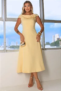 VESTIDO HILDA MIDI DETALHE FLOR - AMARELO MANTEIGA