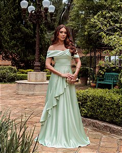 VESTIDO DE FESTA TAYLOR CREPE ACETINADO OMBRO A OMBRO - VERDE MENTA
