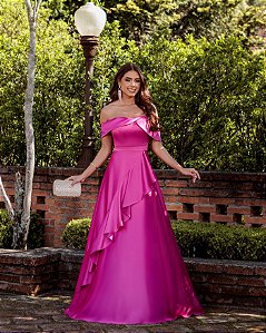VESTIDO DE FESTA TAYLOR CREPE ACETINADO OMBRO A OMBRO - FÚCSIA