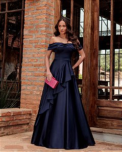 VESTIDO DE FESTA TAYLOR CREPE ACETINADO OMBRO A OMBRO - AZUL MARINHO