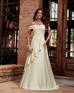 VESTIDO DE FESTA TAYLOR CREPE ACETINADO OMBRO A OMBRO - AMARELO