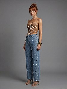CALÇA JEANS STRASS PÉROLAS CELEBRATION - AZUL JEANS