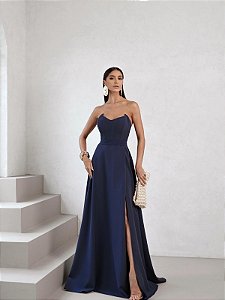 VESTIDO DE FESTA AUSTIN T.Q.C CREPE ALFAIATARIA - AZUL MARINHO