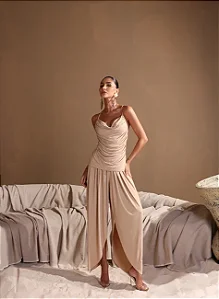 CONJUNTO ANGELINA CALÇA E BLUSA FRANZIDA - AREIA