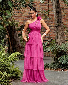 VESTIDO DE FESTA NEW FLOWERS TULE BRILHO - FÚCSIA