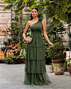 VESTIDO DE FESTA NEW FLOWERS TULE BRILHO - VERDE OLIVA