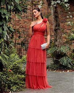 VESTIDO DE FESTA NEW FLOWERS TULE BRILHO - TERRACOTA