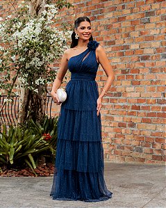 VESTIDO DE FESTA NEW FLOWERS TULE BRILHO - AZUL MARINHO