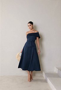 VESTIDO LARA MIDI COM CINTO - AZUL MARINHO