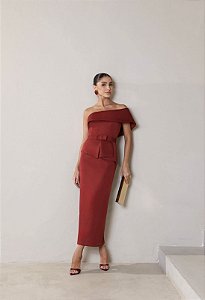 VESTIDO ESPANHA LONGUETE UM OMBRO COM CINTO - TERRACOTA