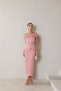 VESTIDO ESPANHA LONGUETE UM OMBRO COM CINTO - ROSÉ